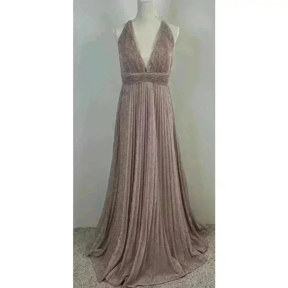 Lulus Sparkly Blush Pink Pleated Maxi Dress Formal Evening Gown Size L - Picture 4 of 16